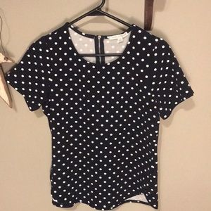 Navy and white polka dot top